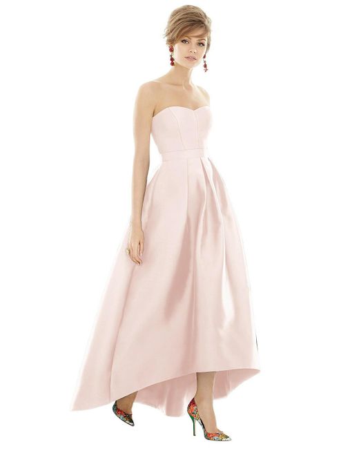 Alfred Sung Pink Strapless Satin High Low Dress With Pockets