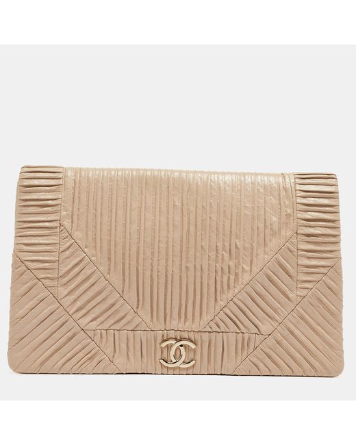 Chanel Natural Leather Coco Pleats Flap Clutch