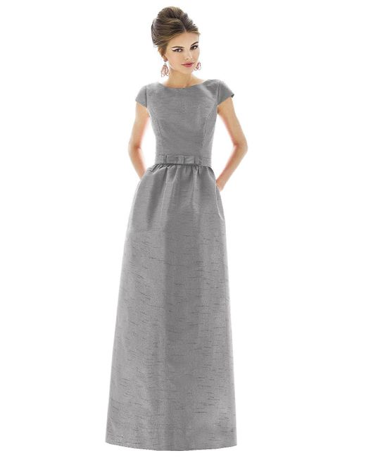Alfred Sung Gray Cap Sleeve V-back Maxi Dress With Pockets