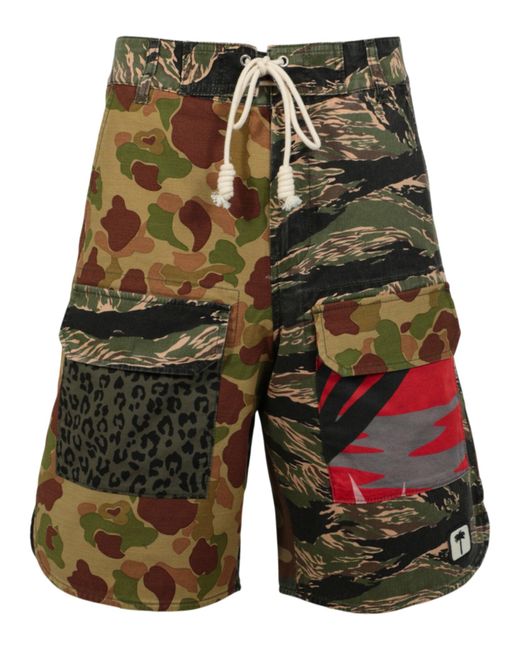 Palm Angels Green Mixed Media Camouflage Shorts for men
