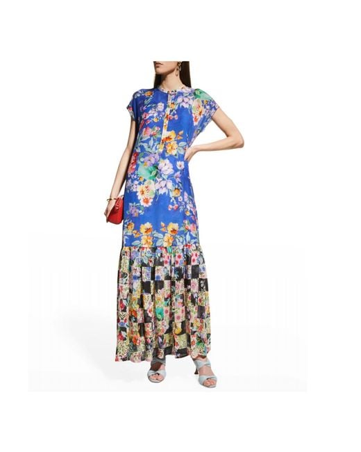 Johnny Was Blue Sky Flower Alba Flounce Ruffled Maxi Slip Dress