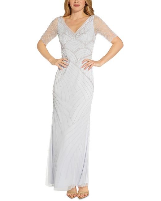 Adrianna Papell White Mesh Embellished Evening Dress