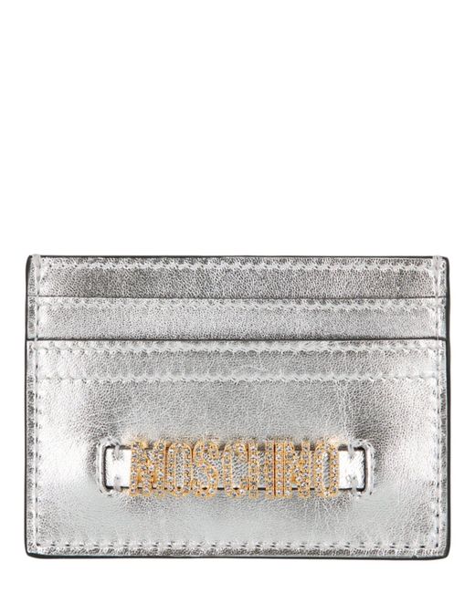 Moschino Gray Logo Belt Crystal-embellished Card Holder