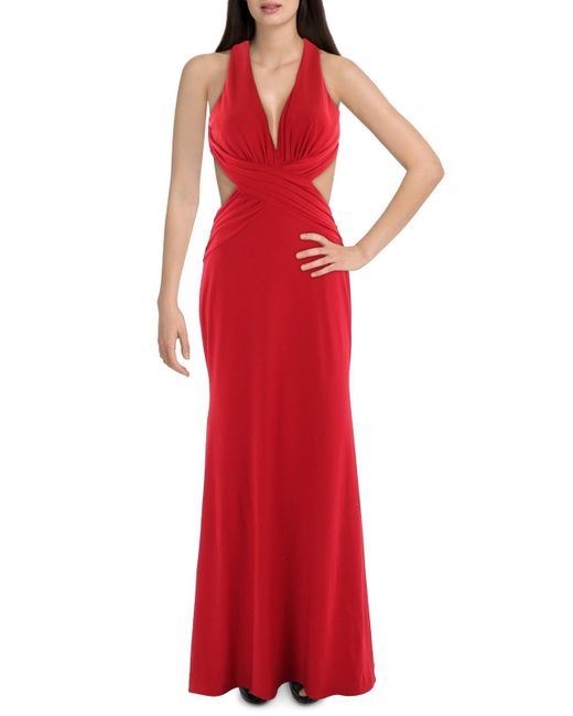 Xscape Red Gathe Maxi Evening Dress