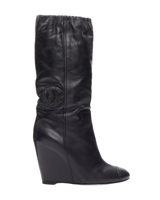 Chanel Black Cc Logo Bead Embellishment Leather Wedge Heeled Boots