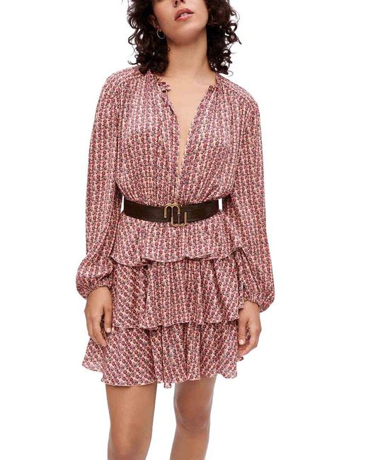 Maje Red Woman's Polyester Flowing Printed Dress With Ruffles For Fall/winter, Size Extra Small, In Color Mini Flowers Dark Pink /