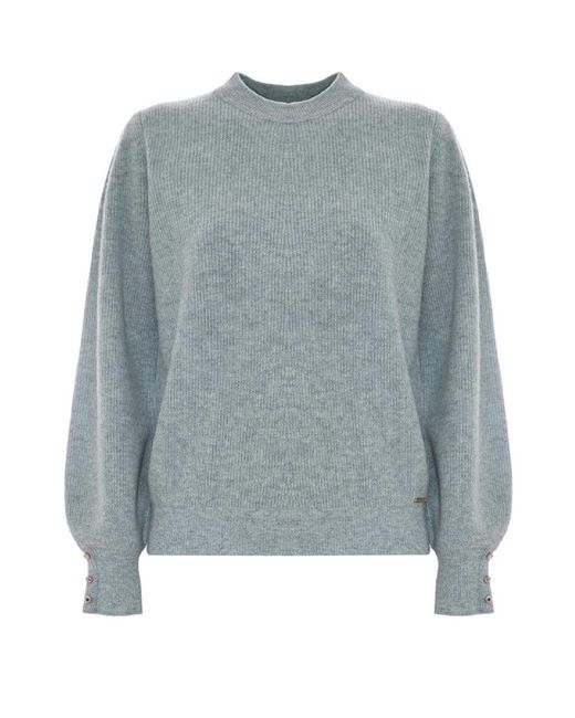 Kocca Blue Ribbed Wool Pullover With Bishop Sleeves And Button Cuffs