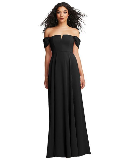 Dessy Collection Black Off-the-shoulder Pleated Cap Sleeve A-line Maxi Dress