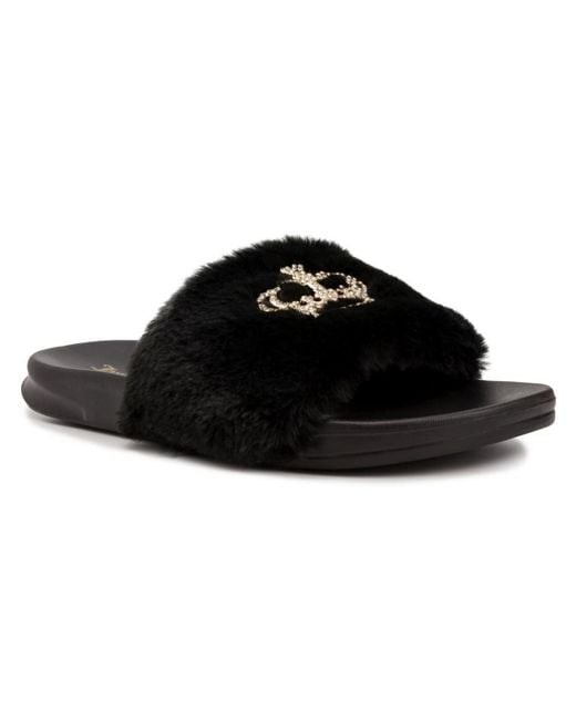 Juicy Couture Black Windy Faux Fur Logo Slide Sandals