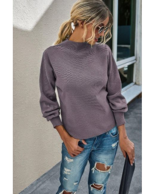 TRUEDAMES Purple Drop Shoulder Solid Mock Neck Classic Knitted Sweater