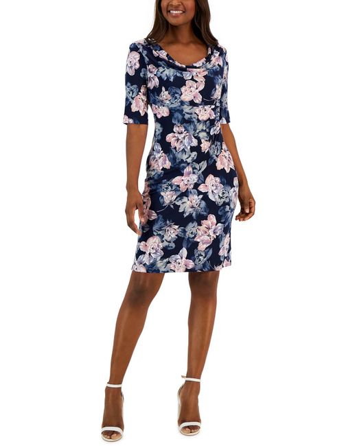 Connected Apparel Blue Party Floral Print Sheath Dress