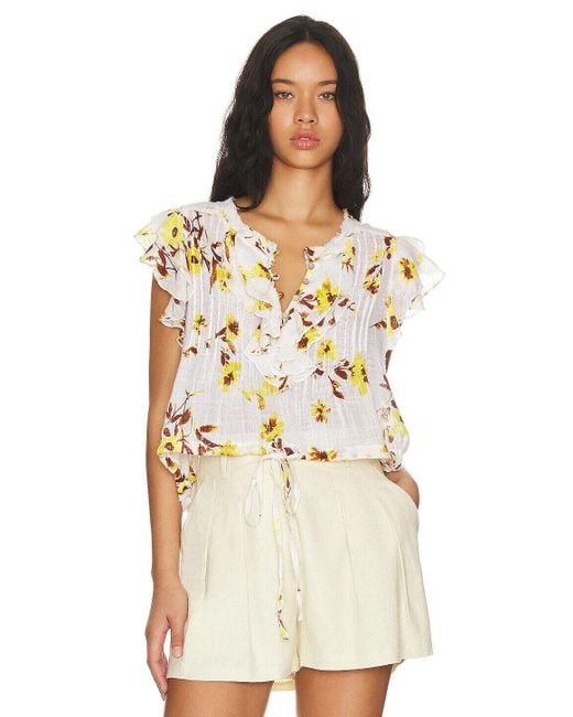 Free People Natural Naya Top Ivory Printed Tie Front Flutter Sleeve Jdm688