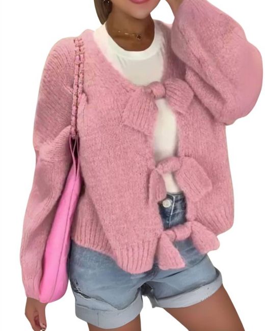 BALLOON CHIC - Dog Tooth Bow Cardigan   - Pink main image 1