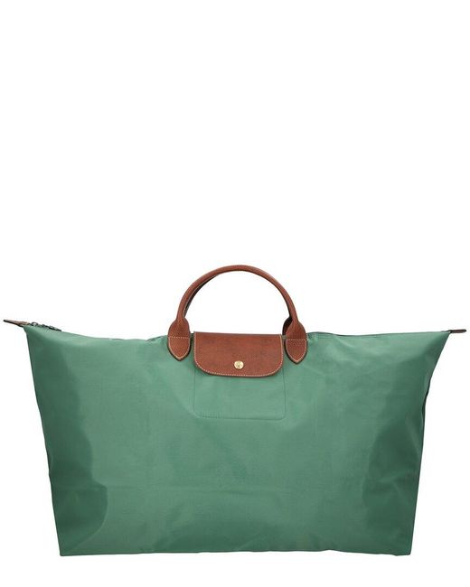 Longchamp Green Le Pliage Original Medium Canvas & Leather Tote Travel Bag