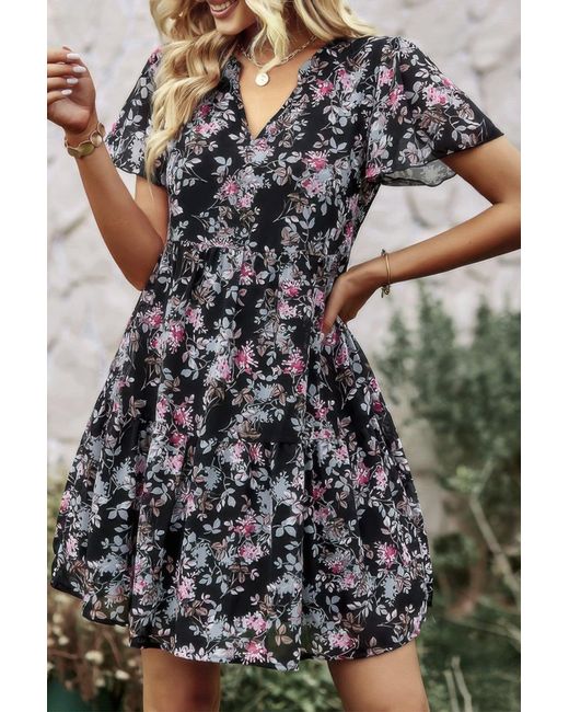 TRUEDAMES Black V Neck Bohemian Floral Print A Line Fit Dress