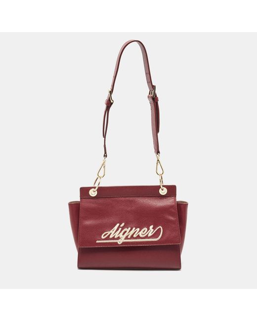 Aigner Red Dark Leather Embroide Logo Shoulder Bag