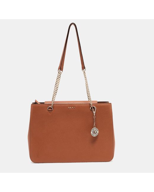 DKNY Brown Tan Leather Bryant Park Chain Tote