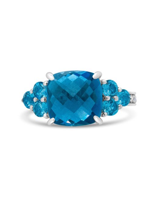 Haus of Brilliance Blue 18K 10Mm Cushion Shaped Topaz And 1/6 Cttw Diamond 3 Stone Style Ring
