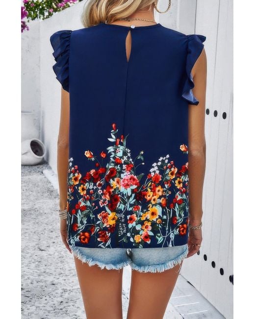 TRUEDAMES Blue Floral Print Round Neck Ruched Loose Fit Top
