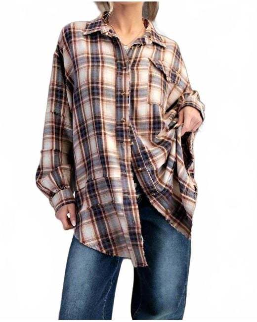 Easel Natural Washed Button Down Flannel Tunic