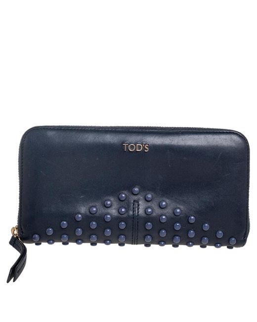Tod's Blue Navy Leather Gommini Zip Around Continental Wallet
