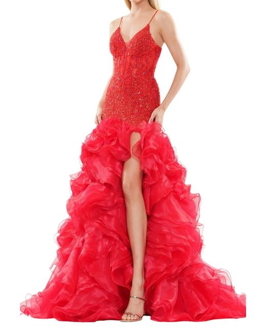 Colors Dress Red Organza Skirt Long Sequin Prom Dress