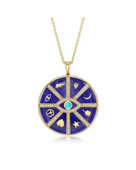 Ross-Simons Multicolor Lapis, Turquoise And . White Topaz Evil Eye Medallion Pendant Necklace In 18kt Gold Over Sterling