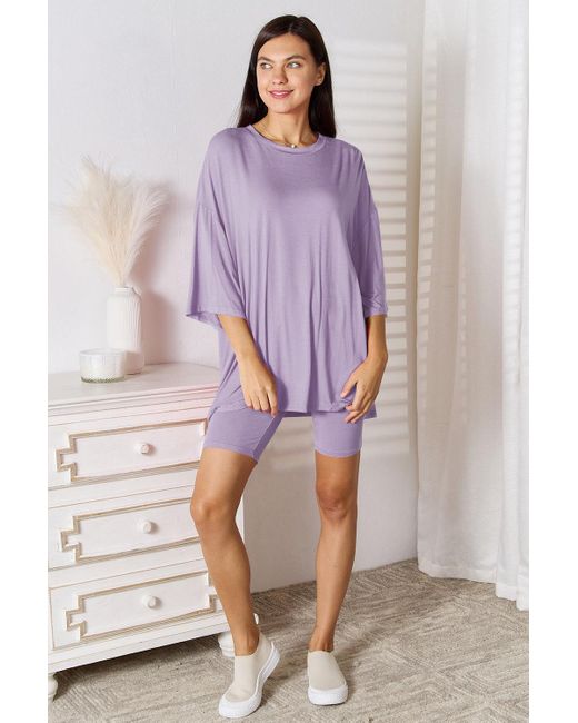 Fashnzfab Blue Full Size Soft Rayon Three-Quarter Sleeve Top And Shorts Set