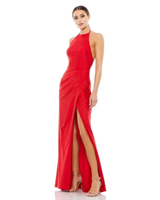 Mac Duggal Red Sleeveless Pleated Halter Gown