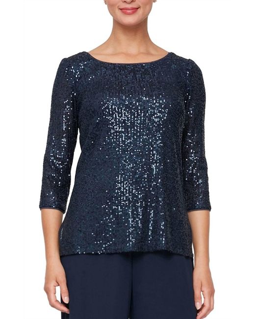 Alex Evenings Blue Sequin 3/4 Sleeve Blouse With Side Slit Detail