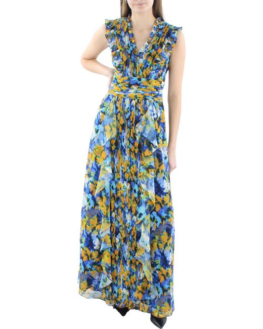 BCBGMAXAZRIA Blue Printed Cascade Ruffle Maxi Dress