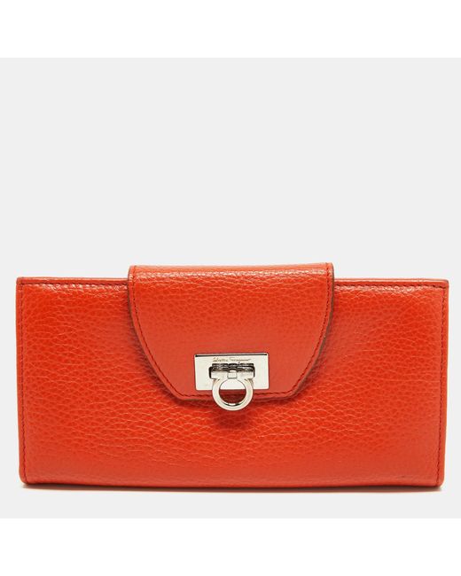 Ferragamo Red Leather Gancini Clasp Flap Wallet