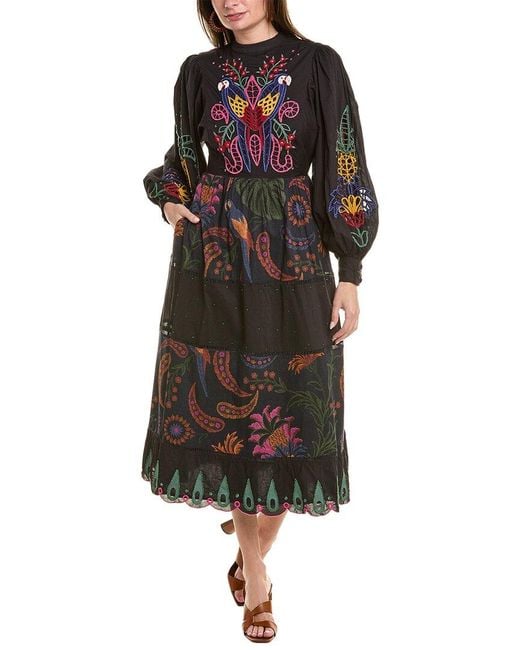 Farm Rio Black Tropical Tapestry Embroidered Midi Dress
