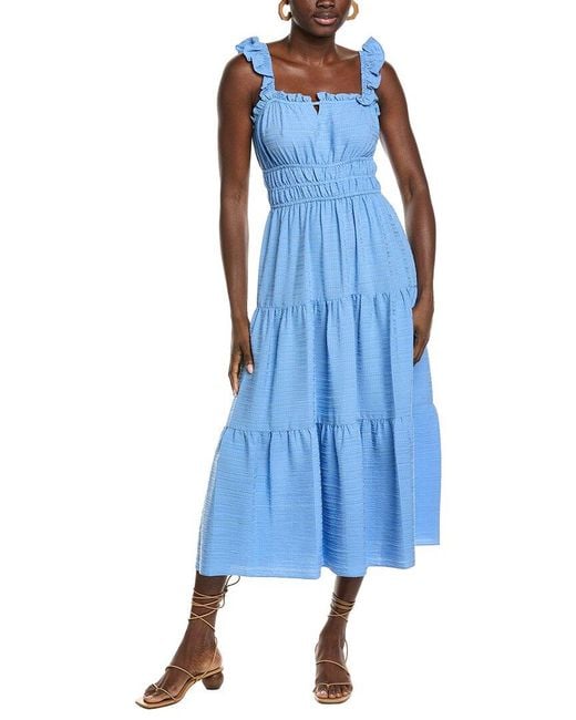 Maison Tara Blue Solid Bubble Crinkle Midi Dress