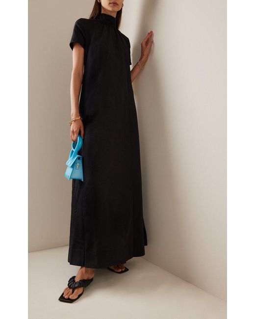 Staud Black Ilana Tie Back High Neck Short Sleeve Front Ruched Maxi Dress