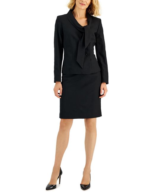 Le Suit Black Petites Tie Collar Business Skirt Suit