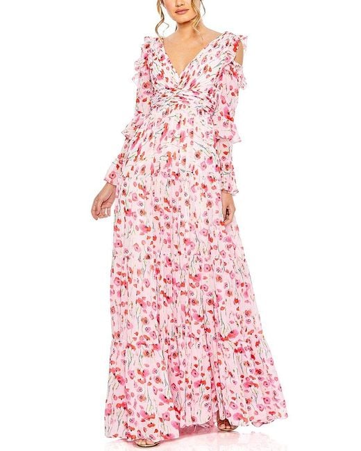 Mac Duggal Pink Floral Print Drop Shoulder Ruffle Sleeve Gown