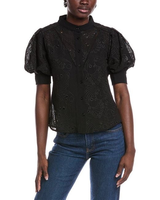 Gracia Black Puff Sleeve Eyelet Blouse