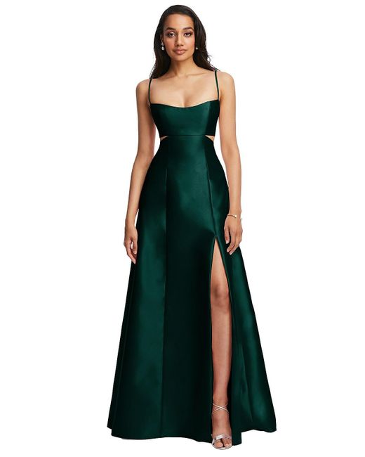 Alfred Sung Green Open Neckline Cutout Satin Twill A-line Gown With Pockets