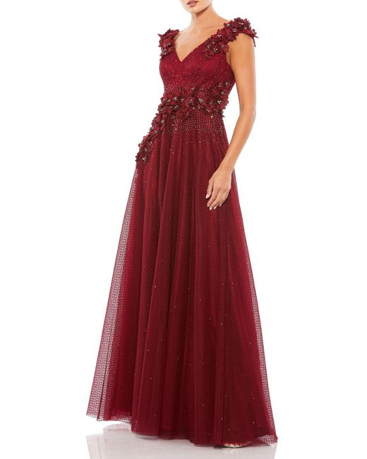 Mac Duggal Red Embellished Floral Evening Dress