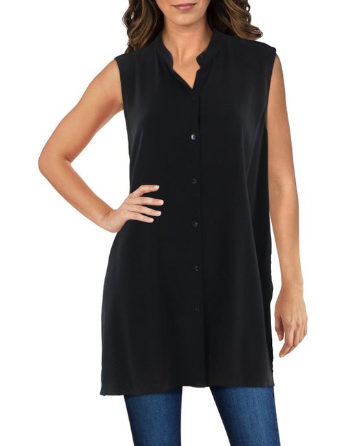 Eileen Fisher Black Silk Banded Collar Blouse
