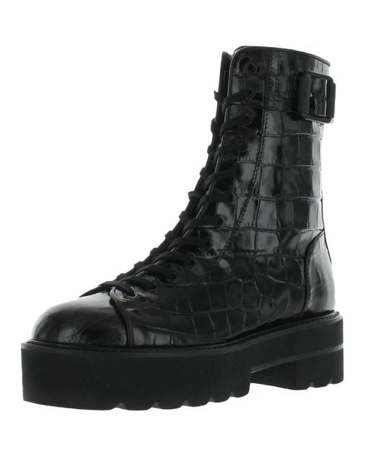 Stuart Weitzman Black Ryder Leather Croc-Embossed Combat & Lace-Up Boots