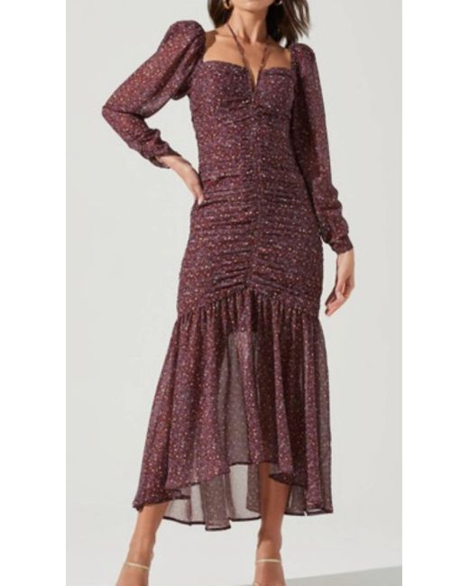 Astr Purple Ditsy Print Long Sleeve Dress