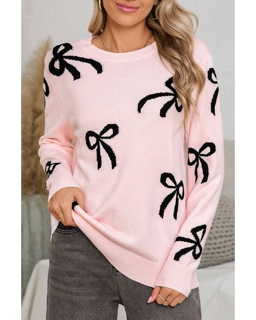 Shewin Pink Bow Print Sweater