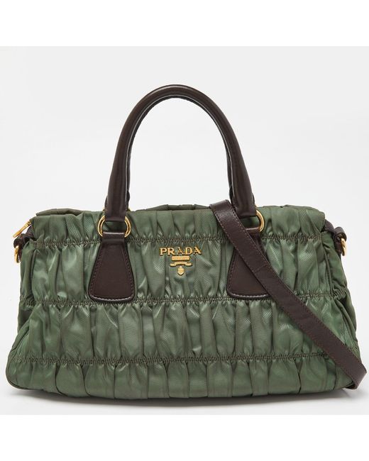 Prada Green /brown Gaufre Nylon And Leather Tote