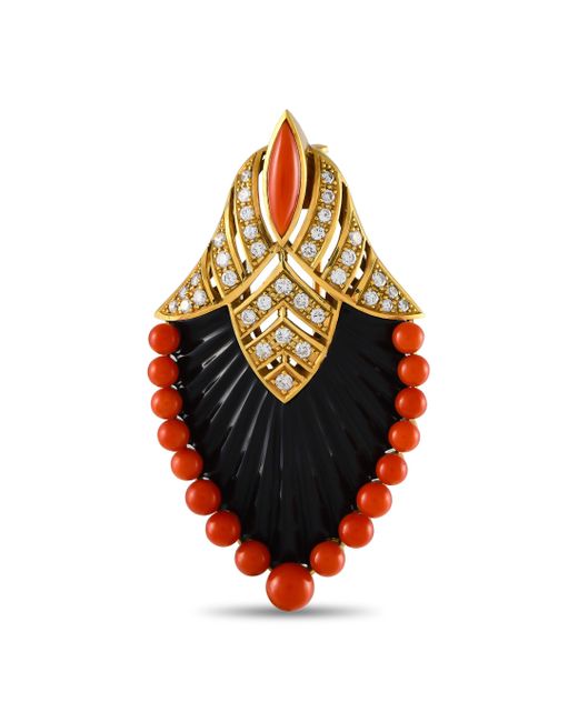 Non-Branded Orange Lb Exclusive 18k Yellow 0.70ct Diamond And Coral Brooch Mf11-052024