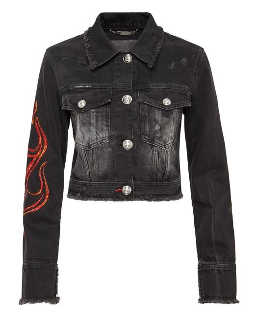 Philipp Plein Black Denim Jacket Flame