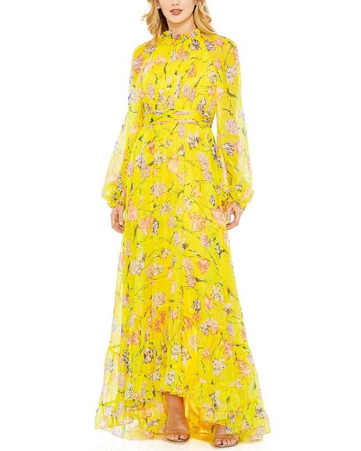 Mac Duggal Yellow Floral Print Chiffon Ruched Raglan Sleeve Gown