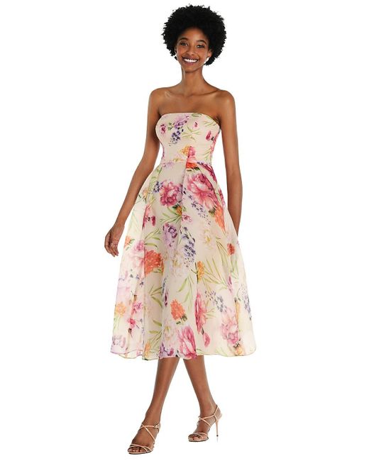 Alfred Sung Strapless Pink Floral Organdy Midi Dress