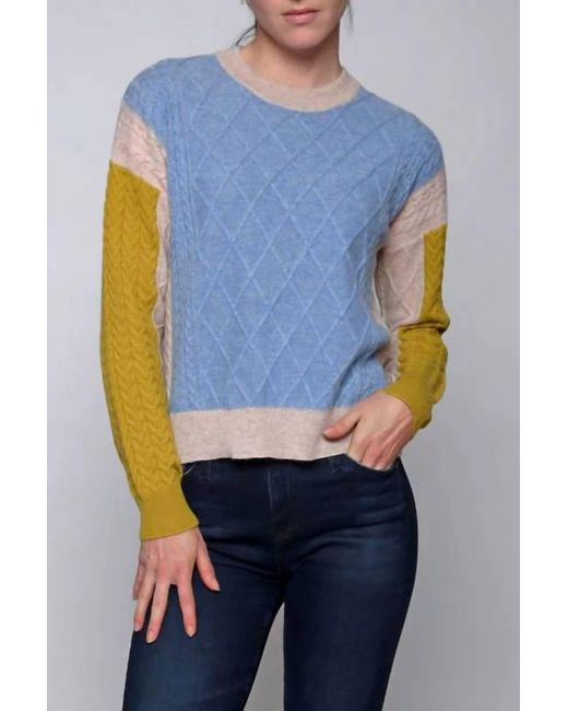 InCashmere Blue Long Sleeve Colorblock Cable Sweater